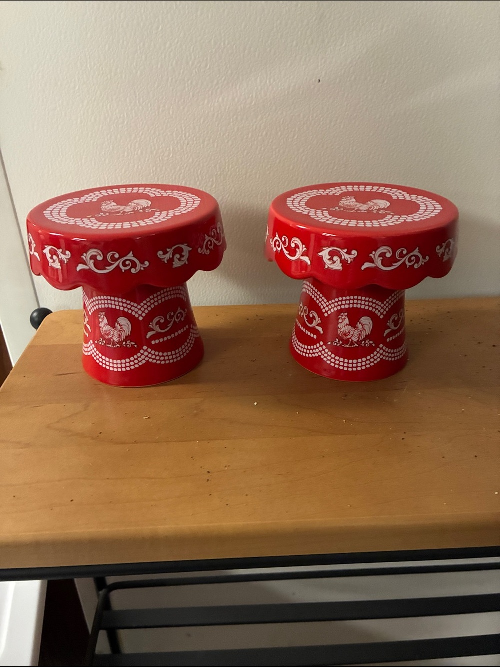 Red Ceramic CupCake Pedestals/Risers with Rooster Motif
